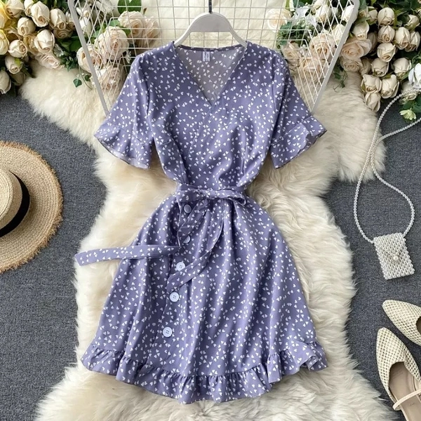 Lace Up Floral Polka Dot Wrap Up Dress - Rayon, M (Bust Size: 38 in, Length: 44 in) 