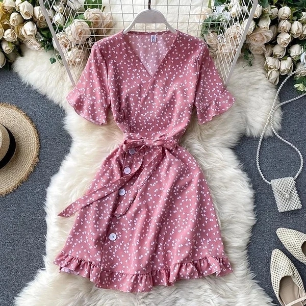 Lace Up Floral Polka Dot Wrap Up Dress  - L (Bust Size: 40 in, Length: 44 in), Rayon