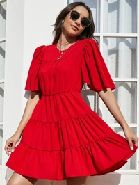 Butterfly Sleeve Solid A-Line Dress - 38 (Waist Size: 34 in, Length Size: 34 in), viscose Rayon