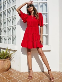 Butterfly Sleeve Solid A-Line Dress - 36 (Waist Size: 32 in, Length Size: 34 in) , viscose Rayon