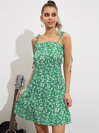 Floral Green A Line Dress - polyester, S