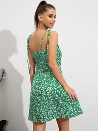 Floral Green A Line Dress - L, polyester