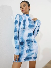 Tie & Dye Blue Bodycon Dress - M, Polyester