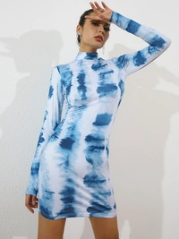 Tie & Dye Blue Bodycon Dress - M, Polyester