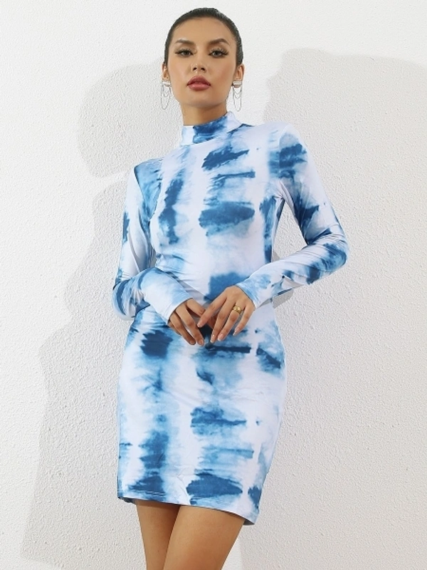 Tie & Dye Blue Bodycon Dress - M, Polyester