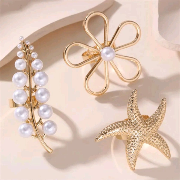 Bow Pearl Adjustable Ring - Set Of 3