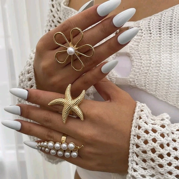 Bow Pearl Adjustable Ring - Set Of 3