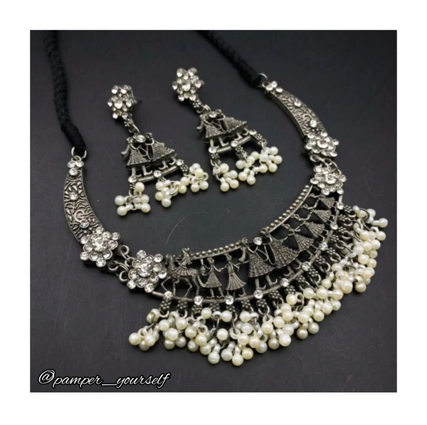 Pamper Yourself  German Silver Celebration Oxidized Pearl Neckalce Set