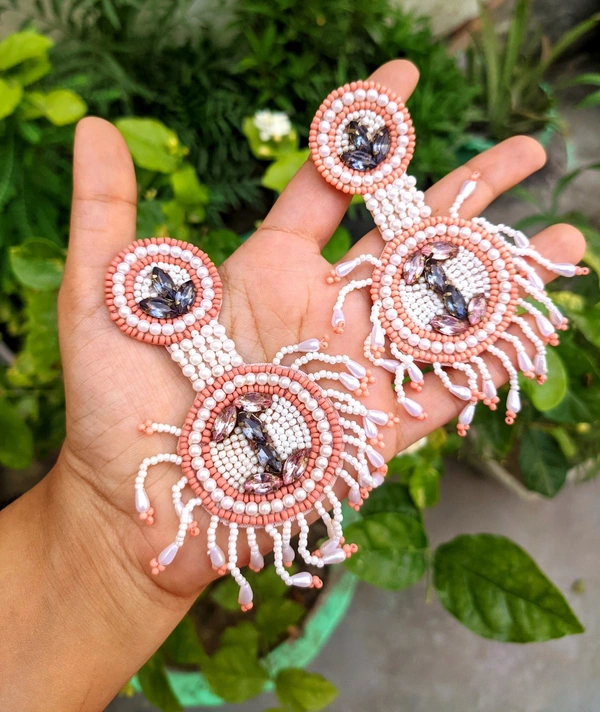 Crystal Studded Peach And White Handmade Earrings