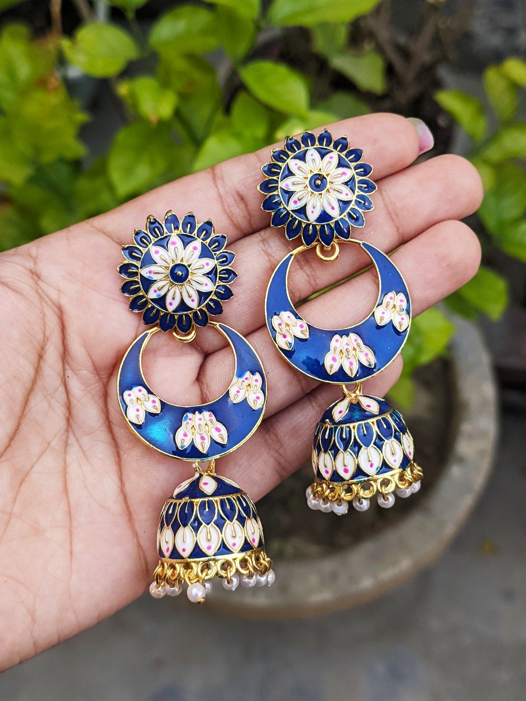 Meenakari most stylish Sky Blue color Kundan Stone Jhumka Earrings