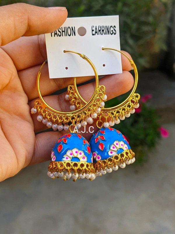 Meenakari Baali Jhumki  - blue with red