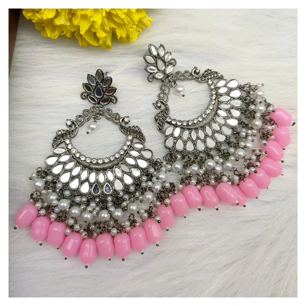 Black Metal Sheesha Kundan Chandbaali  - baby pink