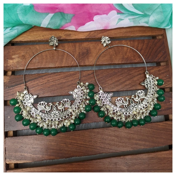 Peacock Chandbaali With Pearls  - bottle green