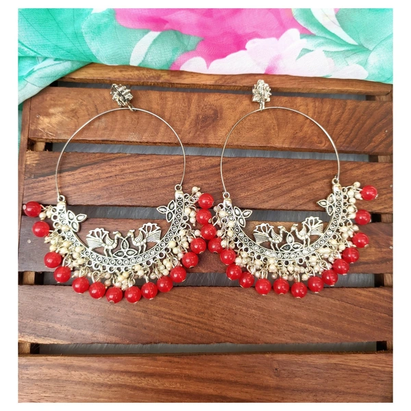 Peacock Chandbaali With Pearls  - red