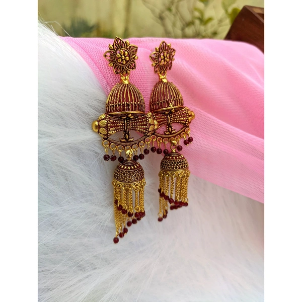 Antique Long Jhumki  - maroon