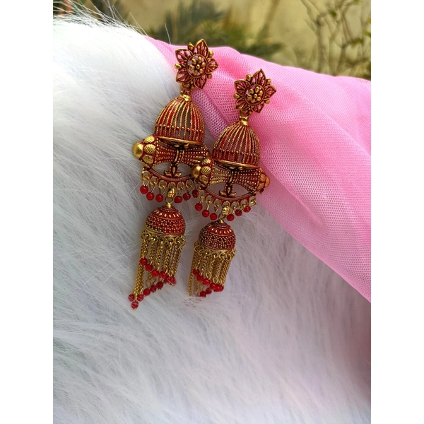 Antique Long Jhumki  - red 