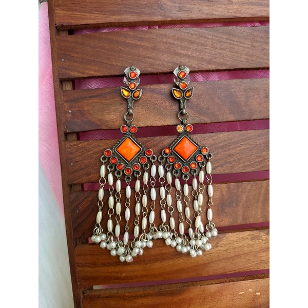 Antique Look Long Earrings  - Orange 