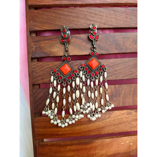 Antique Look Long Earrings  - red