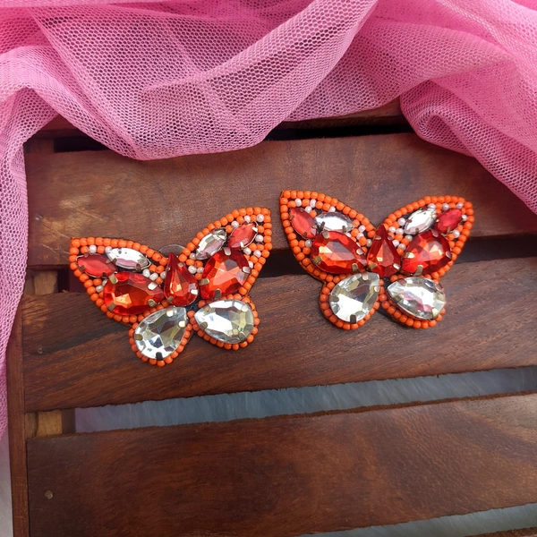 Crystal Butterfly Earrings  - Orange And White