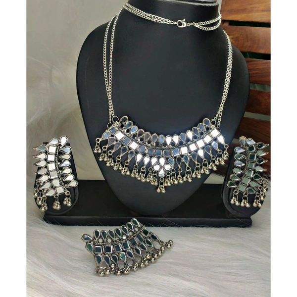 Long Mirror Necklace With Earrings And Ring 