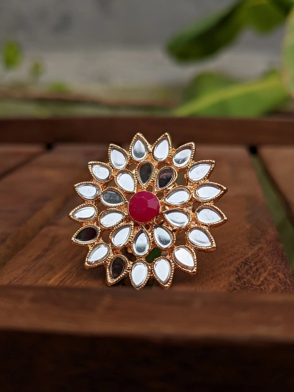 Sheesha Kundan Ring  - Tomato Red 