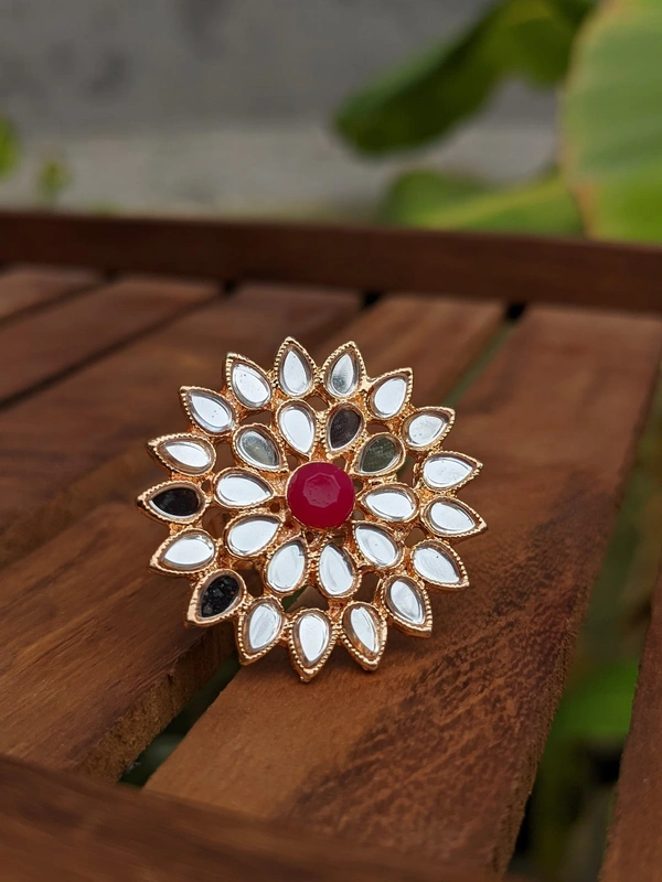 Sheesha Kundan Ring  - Tomato Red 