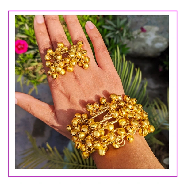 Ghungroo Bracelet With Ring  - Golden