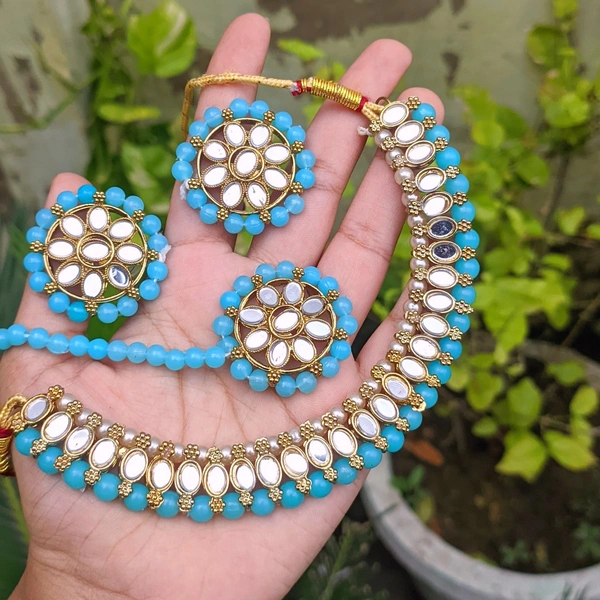 Sheesha Kundan Choker Set  - Sky-blue