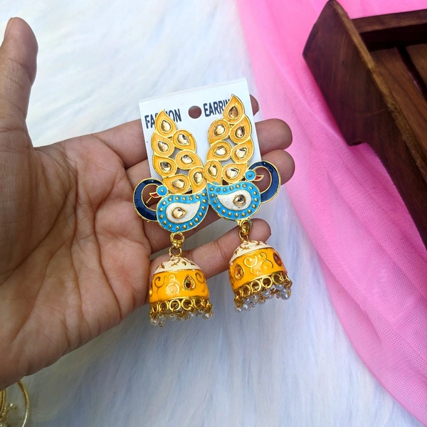 Peacock Meenakari Jhumki  - Yellow