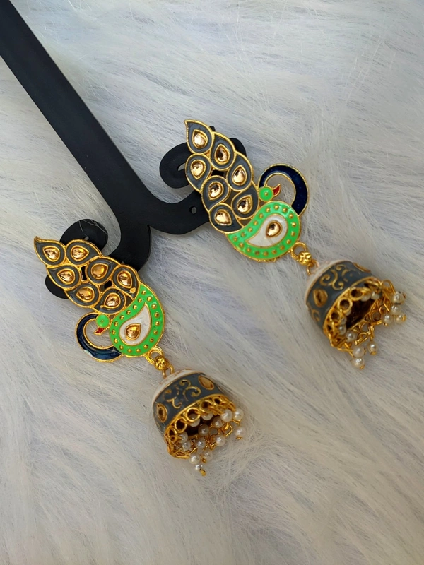 Peacock Meenakari Jhumki  - Green