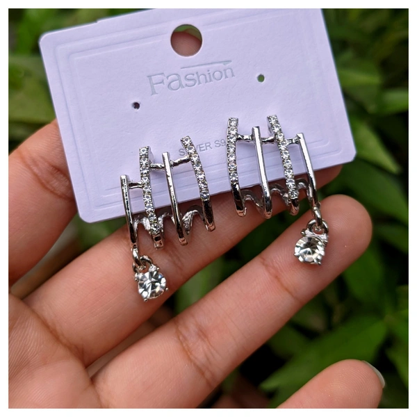 Korean Earring- 4 Lines  - Silver