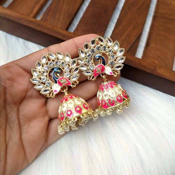 Small Meenakari Jhumki  - Fuchsia Pink