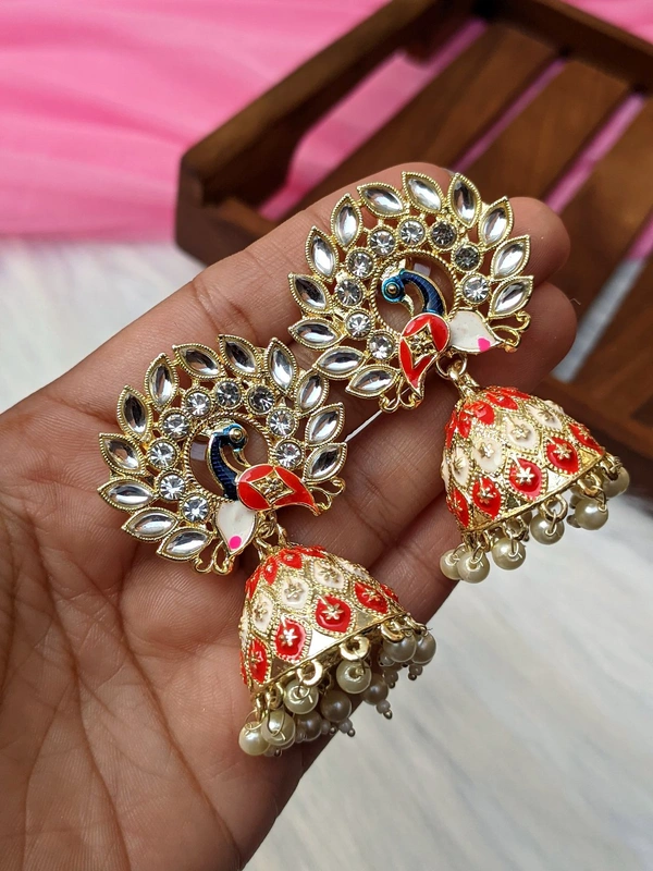 Small Meenakari Jhumki  - Red