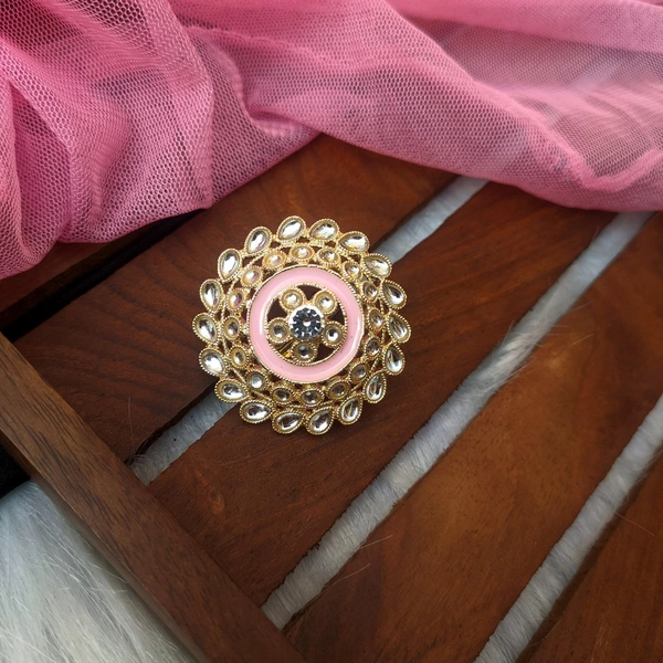 Meenakari Kundan Ring  - baby pink