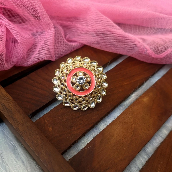 Meenakari Kundan Ring  - Coral