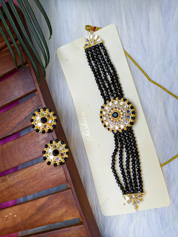 Sheesha Kundan Choker With Mini Studs - Black