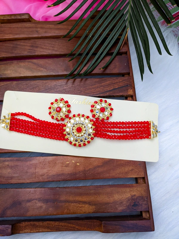 Sheesha Kundan Choker With Mini Studs - Red