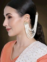 Kundan Stud Earring With Attached Pearl Chain 