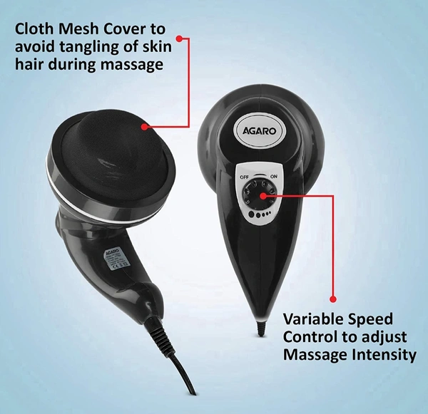 Electric Handheld Full Body Massager with 3 Massage Heads & Variable Speed Settings for Pain Relief and Relaxation, Back, Leg & Foot, Black