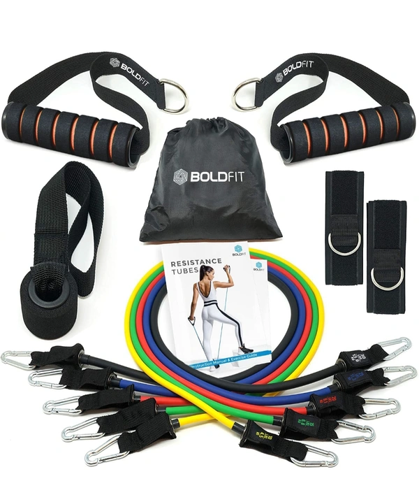 Boldfit Resistance Band Set with Handles, Portable Toning Tubes with Door Anchor & Foam Handles. Resistance Tube Kit with Bag and Ankle Straps Included