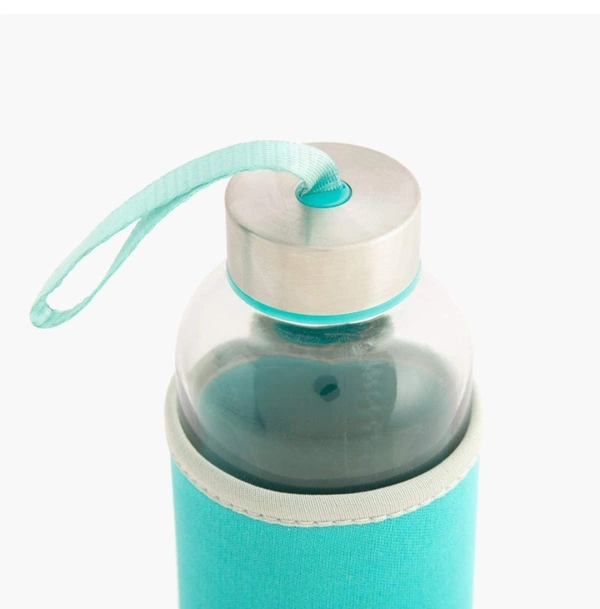 Home Centre Favola-Cyprus Glass Water Bottle with Pouch - 600 ml - Blue, 1 Piece