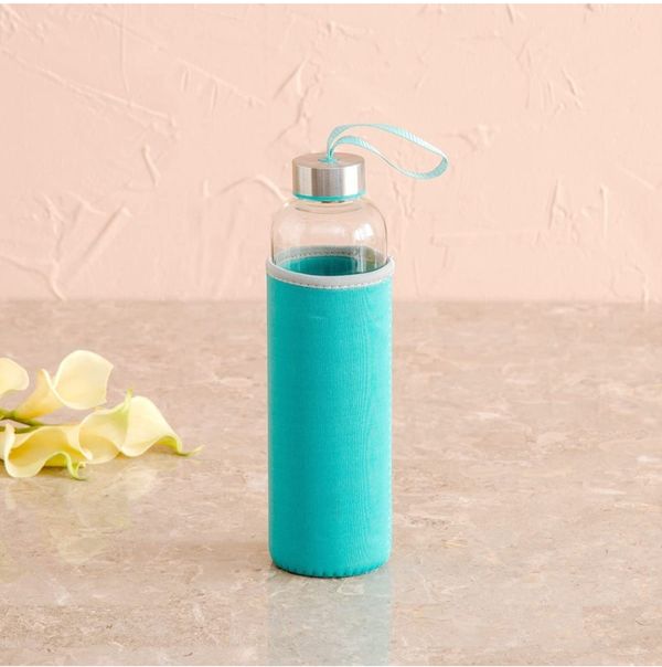 Home Centre Favola-Cyprus Glass Water Bottle with Pouch - 600 ml - Blue, 1 Piece