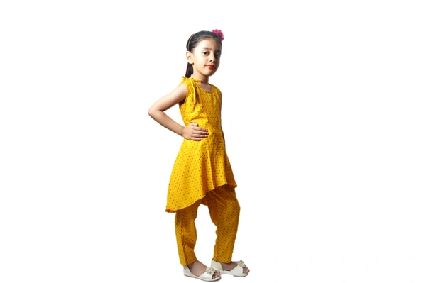 Moms Kurtiz  High Low Pattern Kurti Pant Set  - Yellow, 4_5yrs