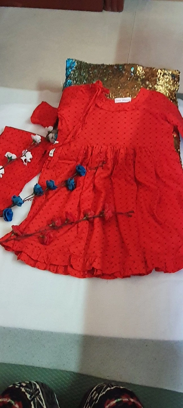 Kids Frill Kurti With Pant - Red, 6_7