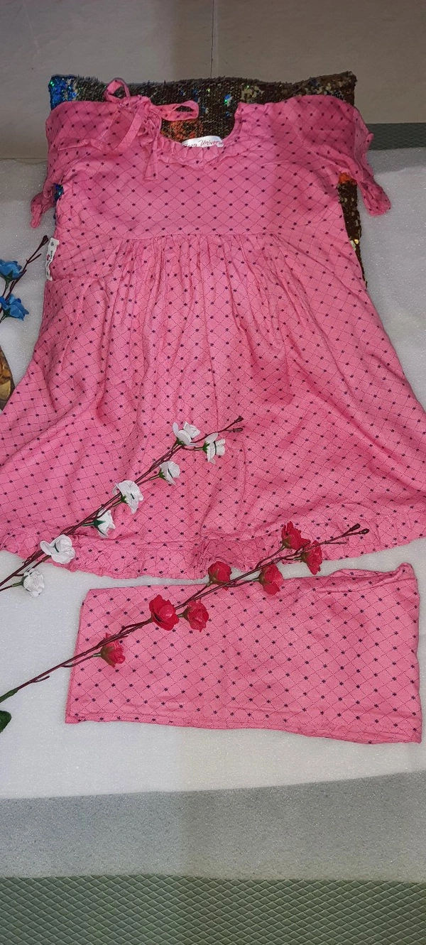 Kids Frill Kurti With Pant - Pink, 6_7