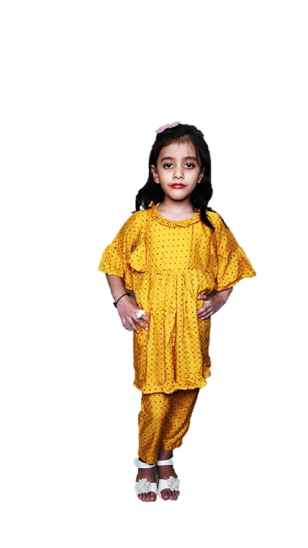 Kids Frill Kurti With Pant - Yellow, 6_7