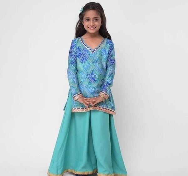 Girls Silk Silk Kurti Palazzo in Turquoise Color  - Turquoise, 3^4