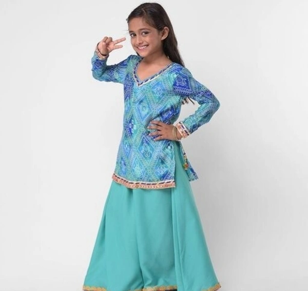 Girls Silk Silk Kurti Palazzo in Turquoise Color  - Turquoise, 4^5