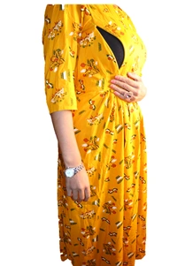 Mom's Kurtiz by Neil Anarkali Indian Style Maternity Feeding Gown  - yellow, 42, Premium Quality Rayon Cotton 