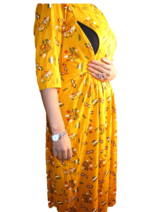 Mom's Kurtiz by Neil Anarkali Indian Style Maternity Feeding Gown  - yellow, 42, Premium Quality Rayon Cotton 